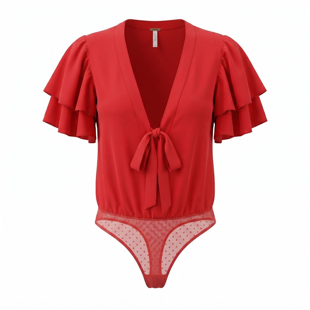 Free People Intimately Bodysuit S Red Ruffle Sleeve Tie Front Boho Coquette Chic